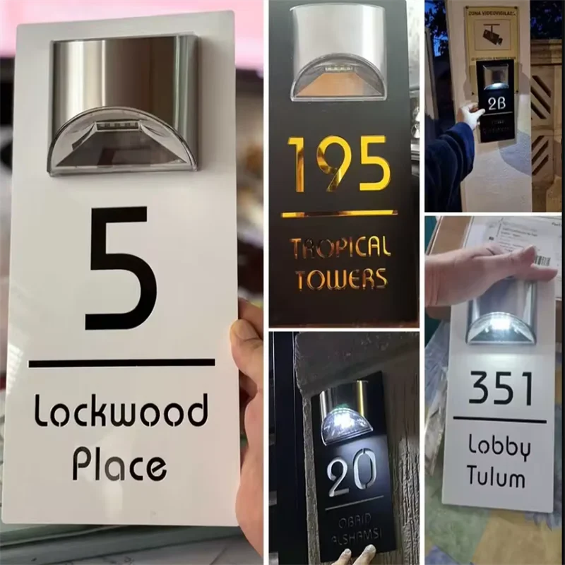 Plaque Numéro Maison Solaire LED Personnalisée - Enseigne Porte Moderne Découpe Laser Éclairage Extérieur