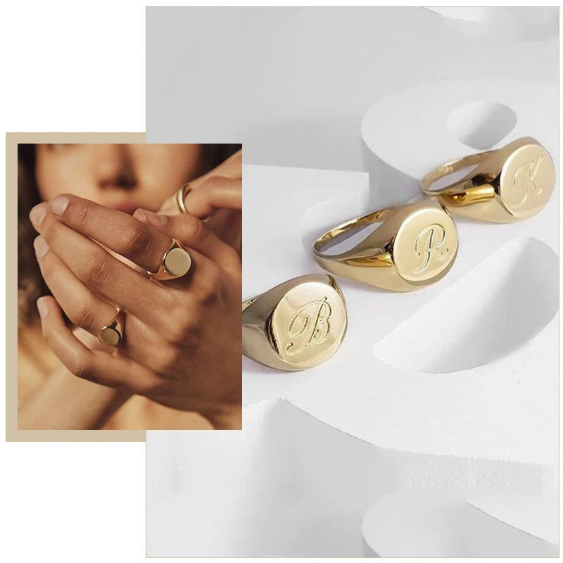 Bague Chevalière Personnalisée Initiale A-Z Acier Inoxydable - Gravure Lettre Alphabet Femme