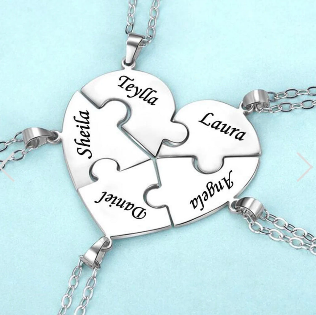 Pendentif Cœur Puzzle Personnalisé 6 Prénoms Acier Inoxydable - Cadeau Famille
