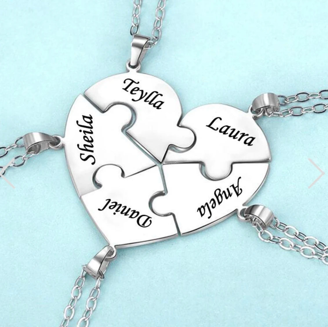 Pendentif Cœur Puzzle Personnalisé 6 Prénoms Acier Inoxydable - Cadeau Famille