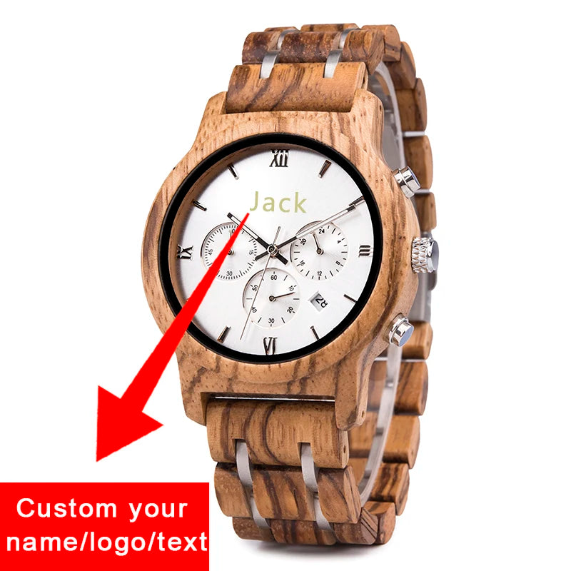 Montre Bois Personnalisée Gravée Homme - Logo Nom sur Mesure Quartz Date - Cadeau Unique Écologique