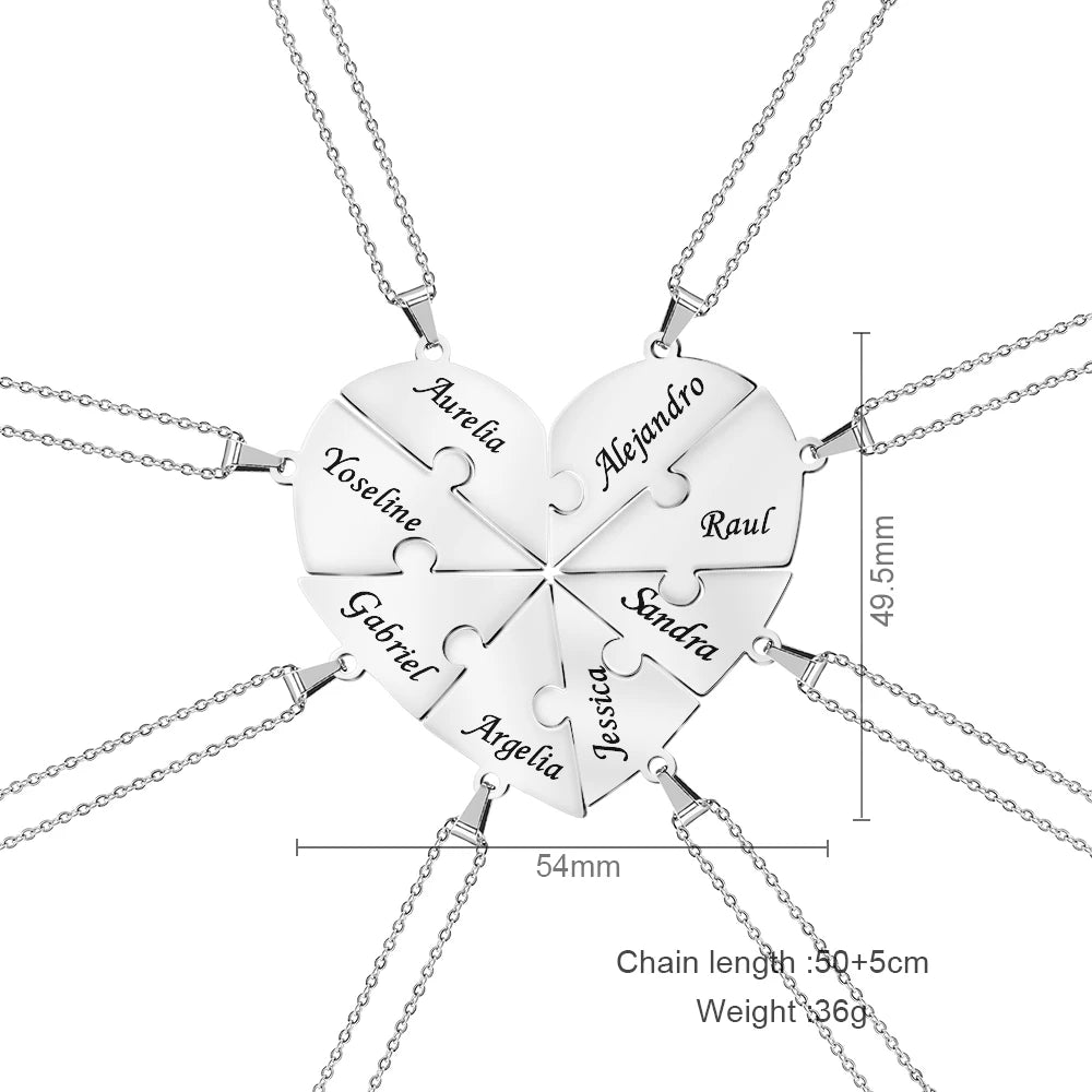 Pendentif Cœur Puzzle Personnalisé 6 Prénoms Acier Inoxydable - Cadeau Famille