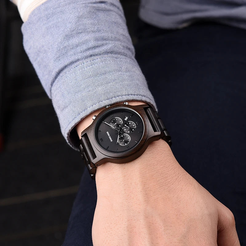 Montre Bois Personnalisée Gravée Homme - Logo Nom sur Mesure Quartz Date - Cadeau Unique Écologique