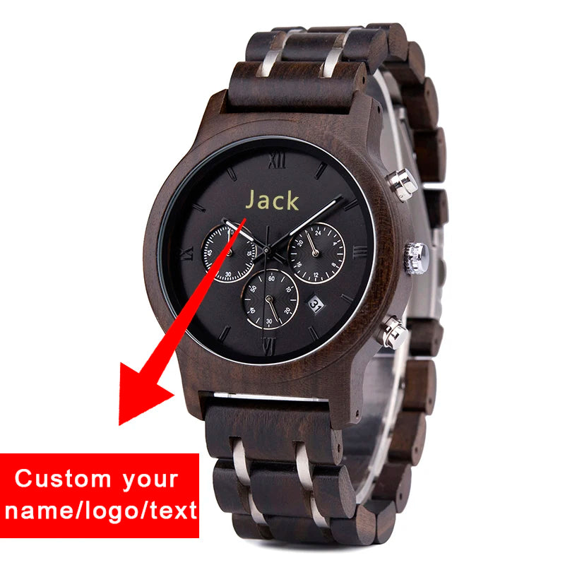 Montre Bois Personnalisée Gravée Homme - Logo Nom sur Mesure Quartz Date - Cadeau Unique Écologique