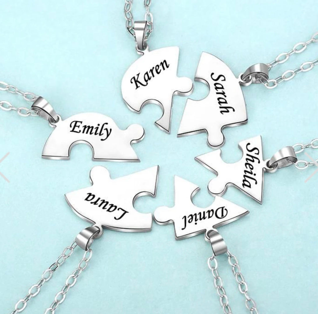 Pendentif Cœur Puzzle Personnalisé 6 Prénoms Acier Inoxydable - Cadeau Famille