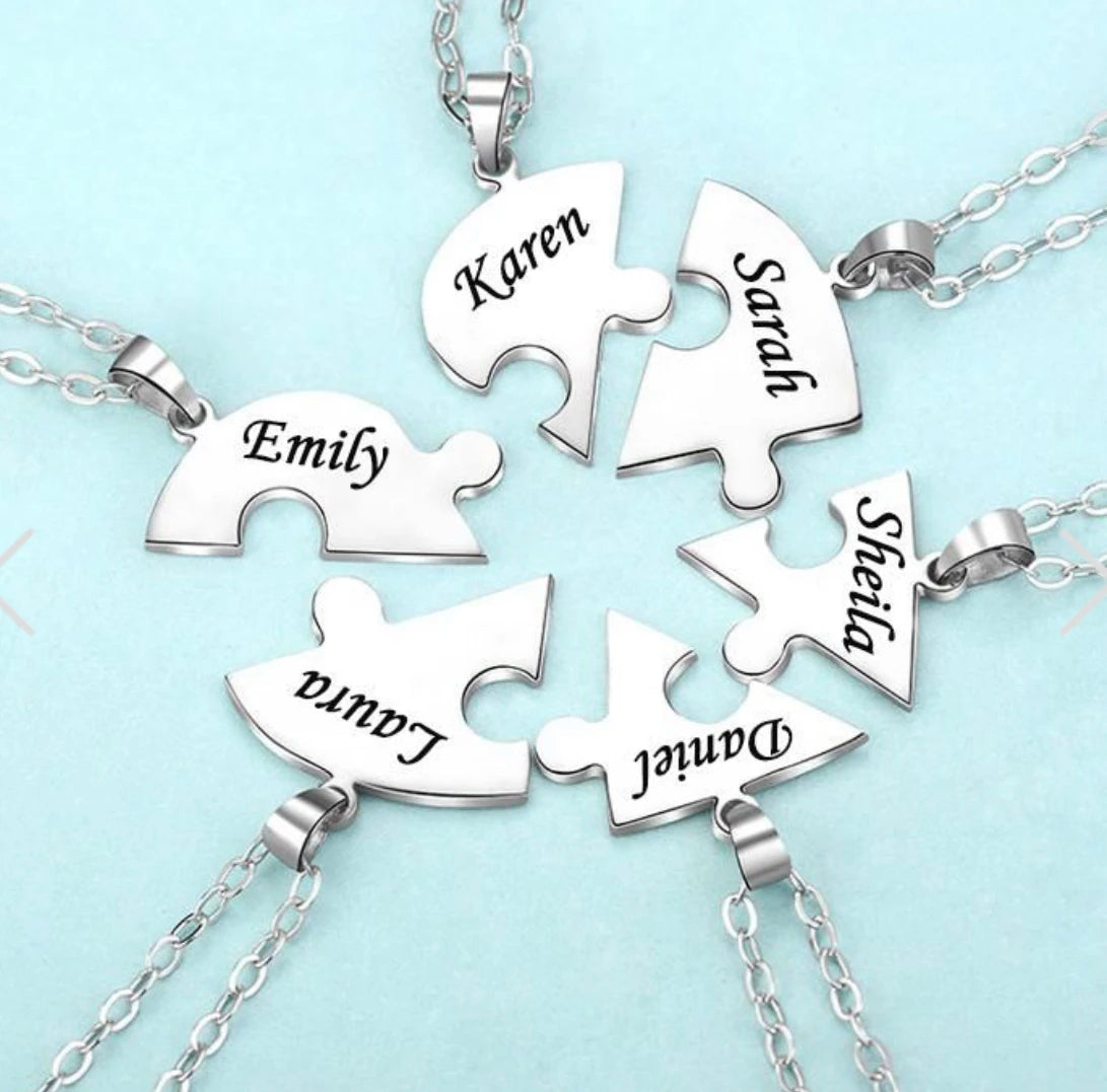Pendentif Cœur Puzzle Personnalisé 6 Prénoms Acier Inoxydable - Cadeau Famille