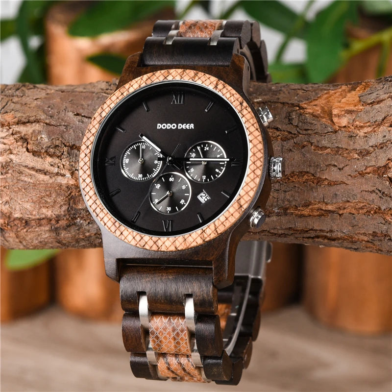 Montre Bois Personnalisée Gravée Homme - Logo Nom sur Mesure Quartz Date - Cadeau Unique Écologique