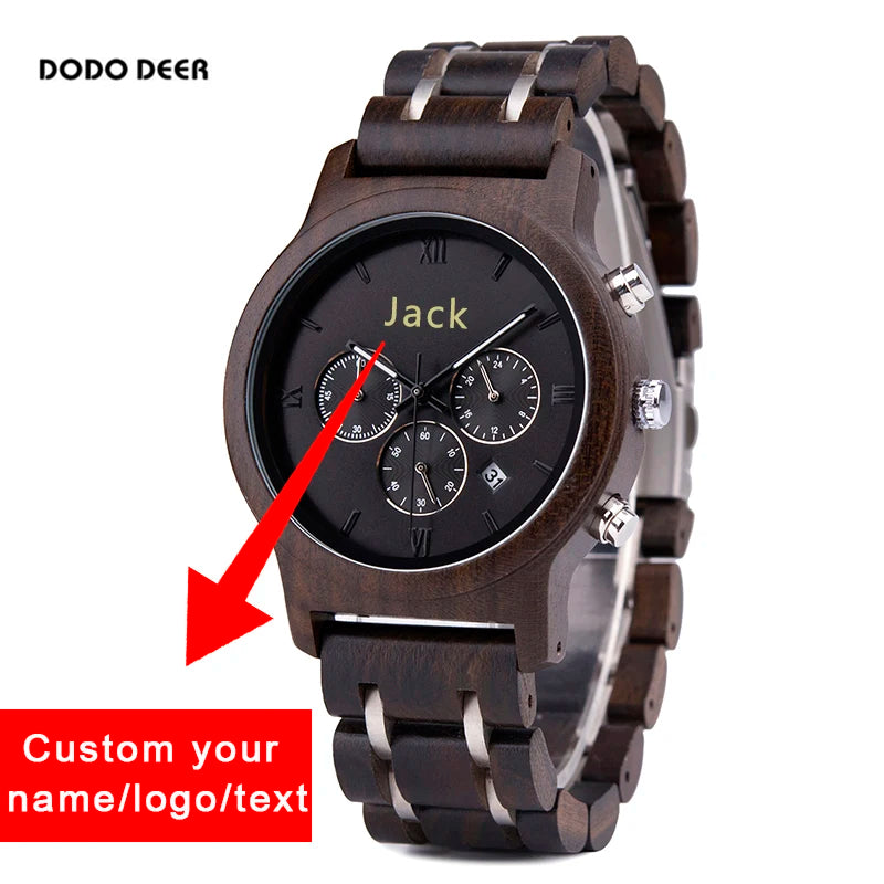 Montre Bois Personnalisée Gravée Homme - Logo Nom sur Mesure Quartz Date - Cadeau Unique Écologique