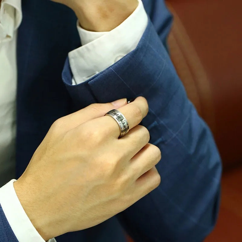 Bague Spinner Homme Acier Inoxydable Noir et Blanc - Gravure Personnalisée