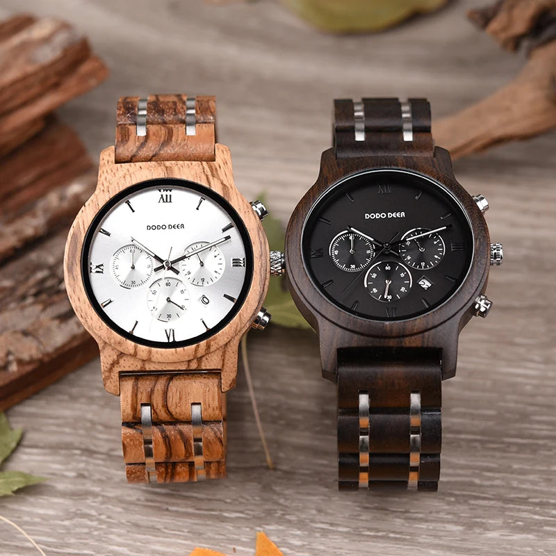Montre Bois Personnalisée Gravée Homme - Logo Nom sur Mesure Quartz Date - Cadeau Unique Écologique