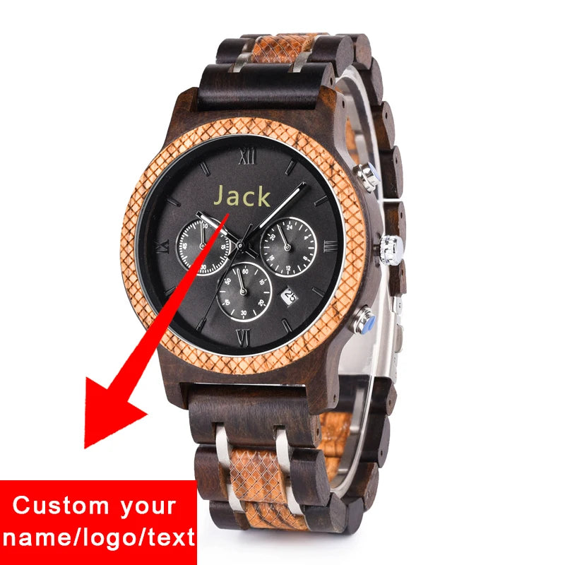 Montre Bois Personnalisée Gravée Homme - Logo Nom sur Mesure Quartz Date - Cadeau Unique Écologique