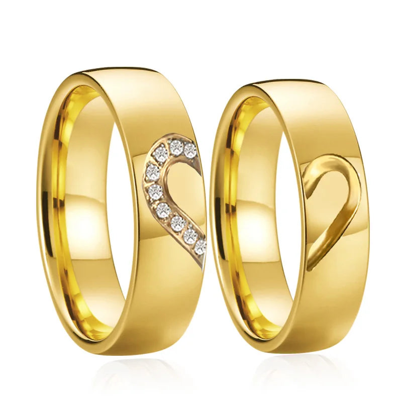 Alliances Mariage Couple Cœur Or 18K Plaqué CZ - Bagues Assorties Homme Femme Fiançailles