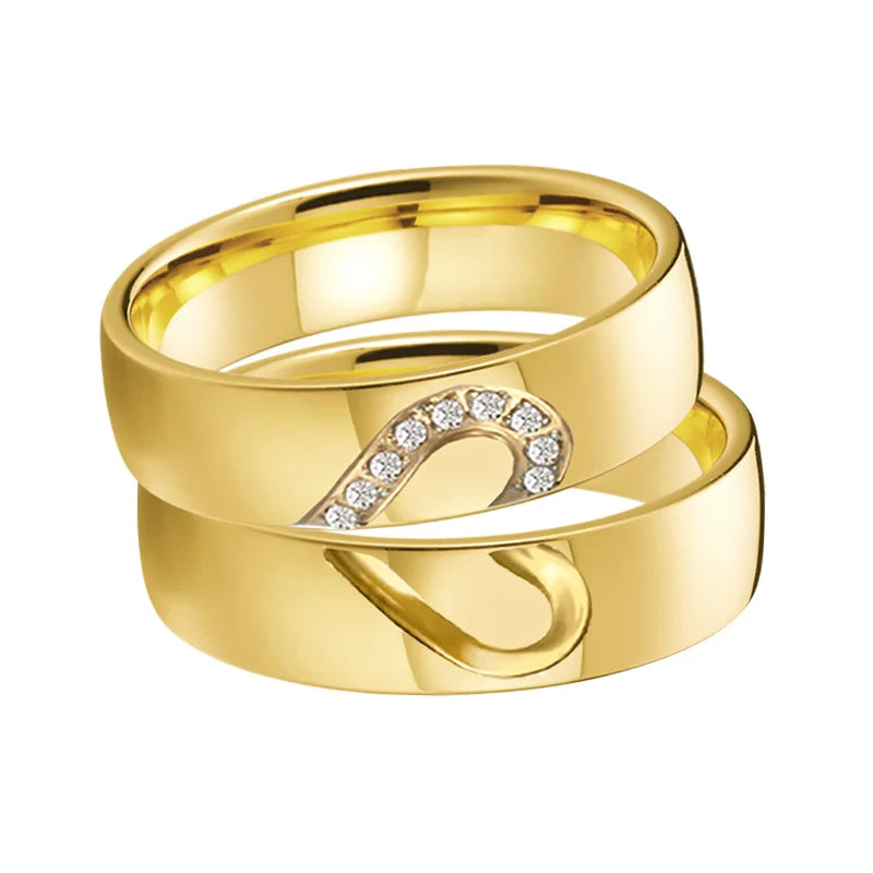 Alliances Mariage Couple Cœur Or 18K Plaqué CZ - Bagues Assorties Homme Femme Fiançailles
