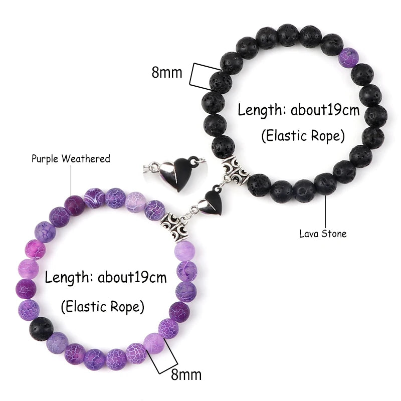 Bracelet Couple Yin Yang Magnétique 2pcs - Pierres Naturelles 8mm Cœur Aimant Bijou Amitié Saint-Valentin