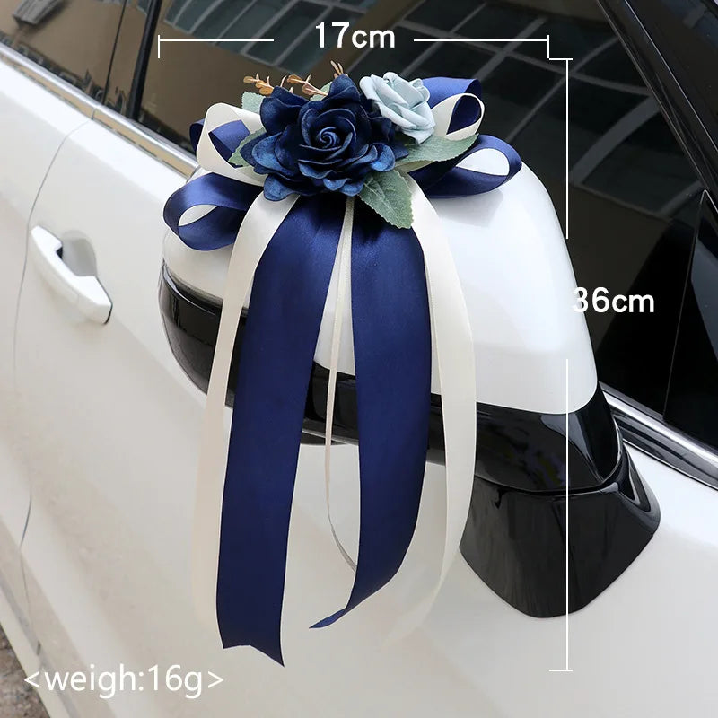 Décorations Florales Voiture Mariage 6 Pièces Poignées Rétroviseurs - Blanc/Rose