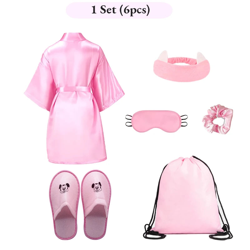Set Spa Party Filles 6 Pièces - Peignoirs Satin Chaussons Sac Cadeau