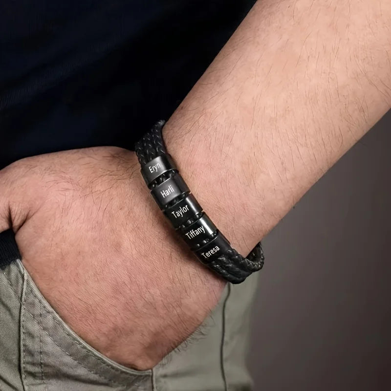 Bracelet Acier Inoxydable Personnalisé 1-5 Prénoms Homme - Gravure Famille Papa Grand-Père Cadeau Fête des Pères
