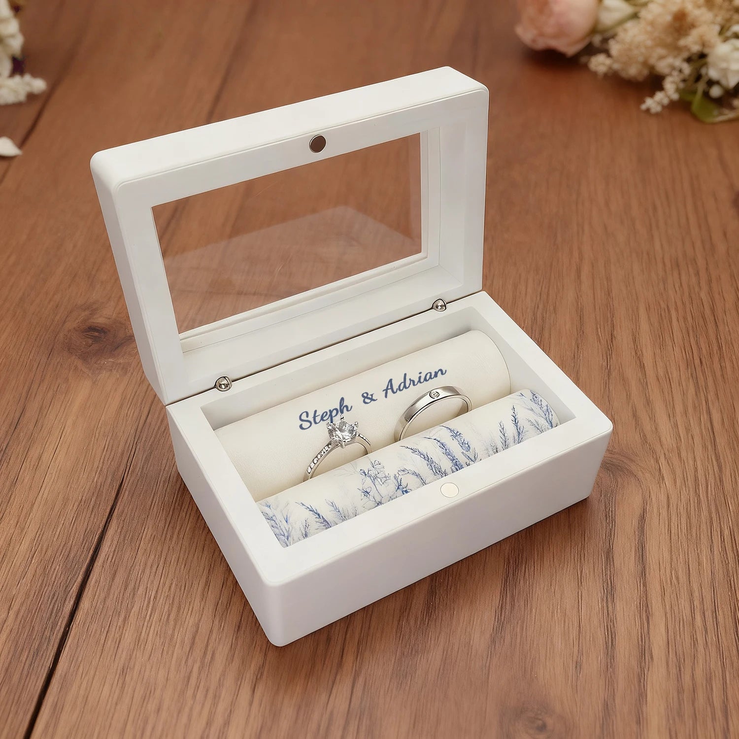 Coffret Alliances Personnalisé Blanc Gravure Prénoms - Cérémonie Mariage