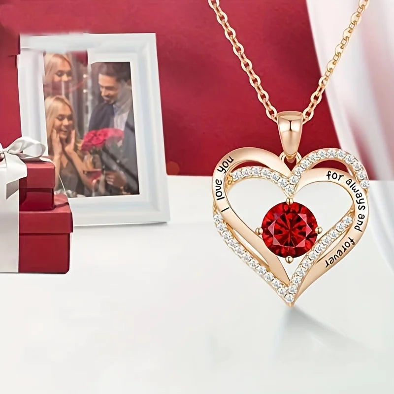 Collier Luxe Zircon Rouge Or Rose avec Coffret Cadeau - Bijou Je t'aime Saint-Valentin Mariage