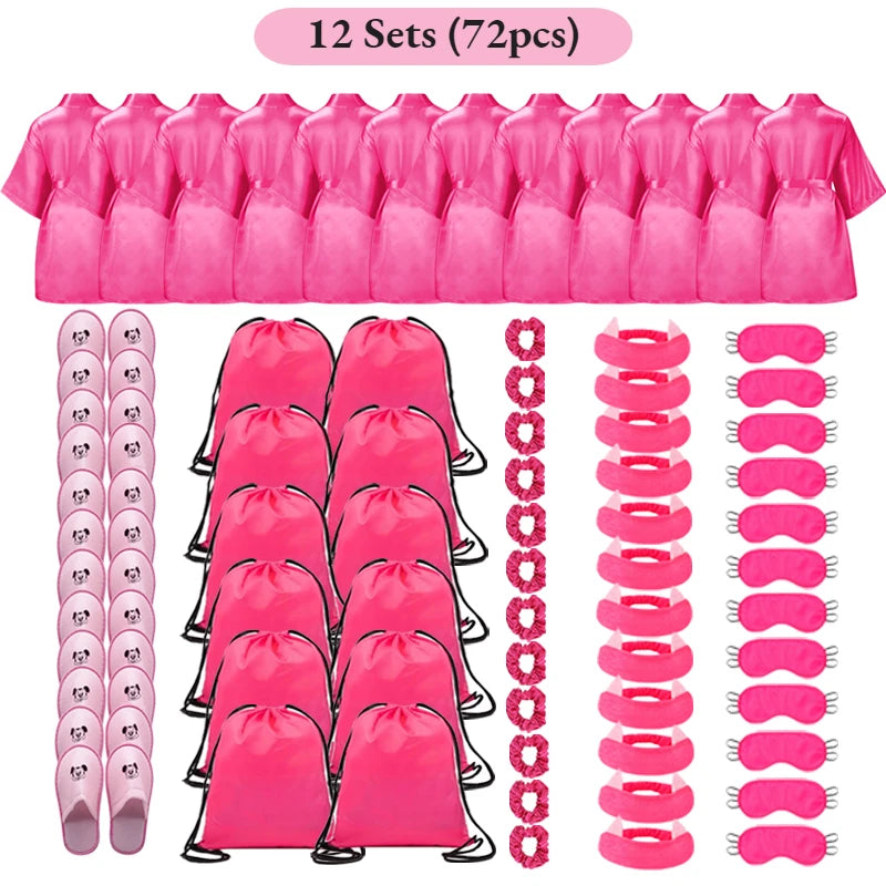 Set Spa Party Filles 6 Pièces - Peignoirs Satin Chaussons Sac Cadeau