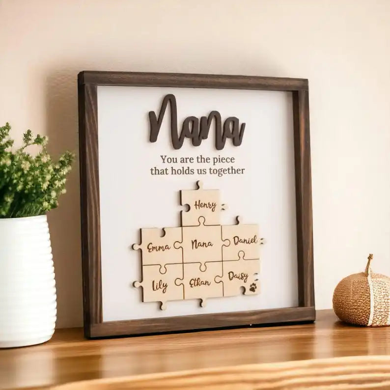 Plaque Puzzle Bois Personnalisée Fête des Mères - Prénoms Famille Gravés - Cadeau Maman Anniversaire