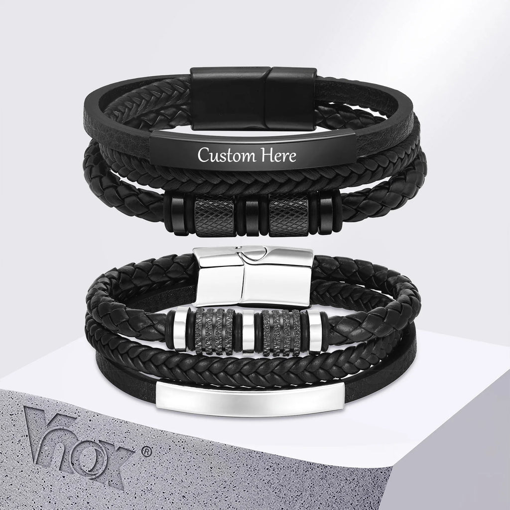 Bracelet Cuir Tressé Personnalisé Homme - Gravure Prénom Texte Triple Tressage Cuir PU Cadeau
