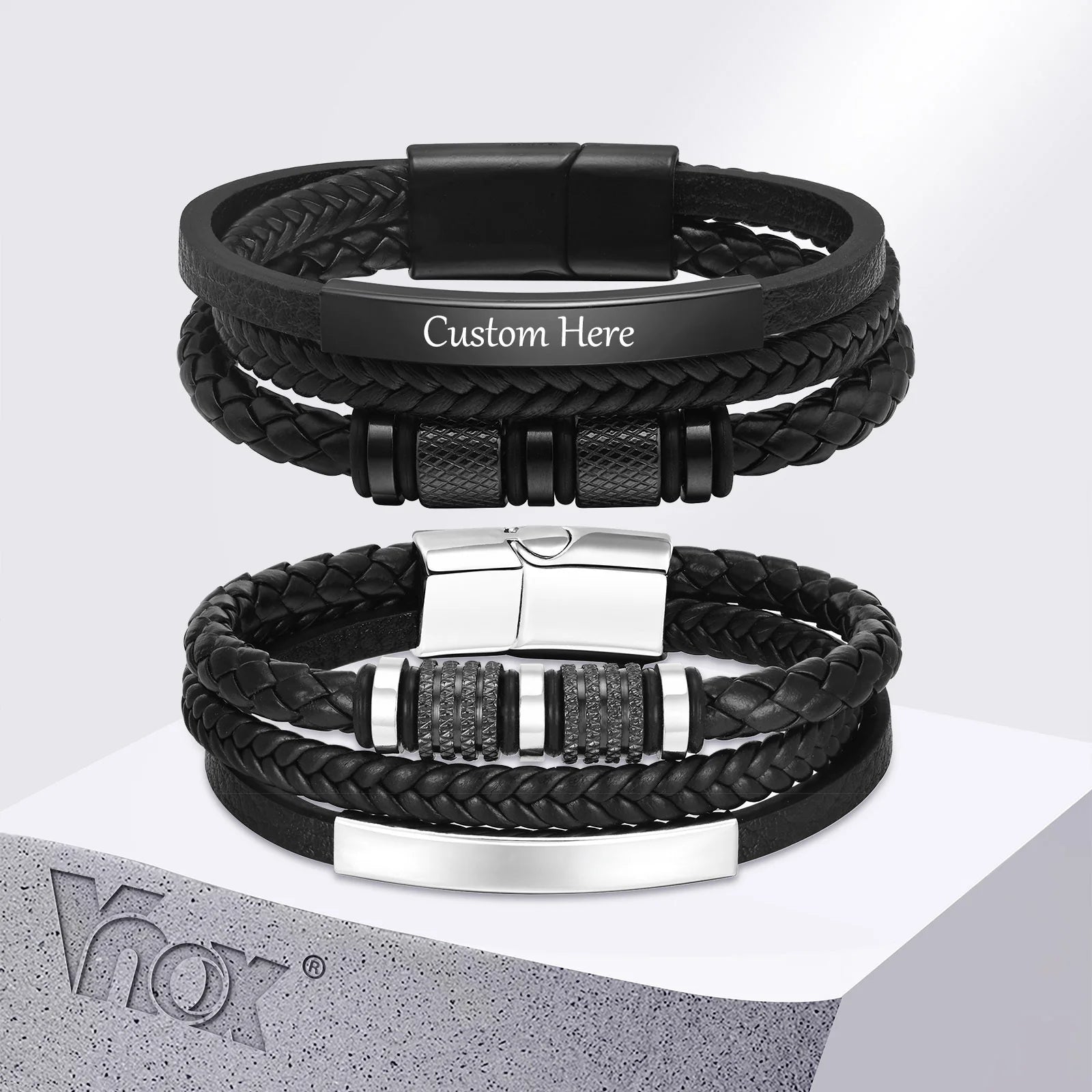 Bracelet Cuir Tressé Personnalisé Homme - Gravure Prénom Texte Triple Tressage Cuir PU Cadeau