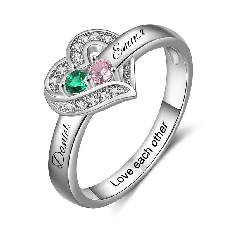 Bague Cœur Personnalisée Pierres de Naissance - Gravure Prénom Zircone Cubique | 1-8 Pierres