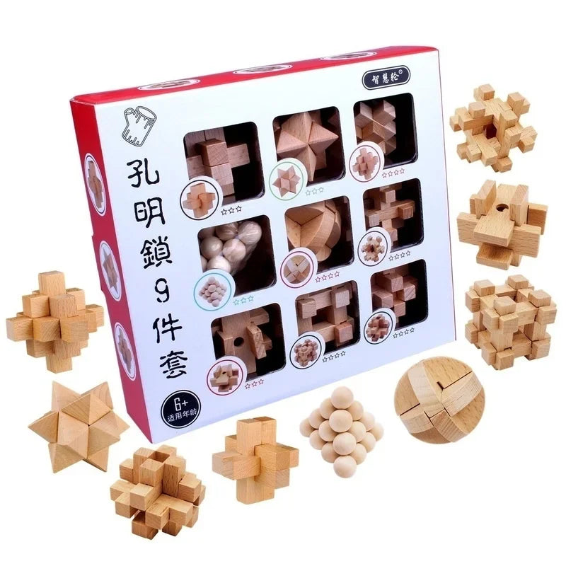 Set de 9 Puzzles Éducatifs en Bois - Casse-Têtes Luban Lock pour Enfants et Étudiants
