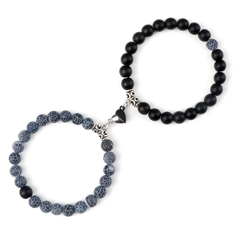 Bracelet Couple Yin Yang Magnétique 2pcs - Pierres Naturelles 8mm Cœur Aimant Bijou Amitié Saint-Valentin
