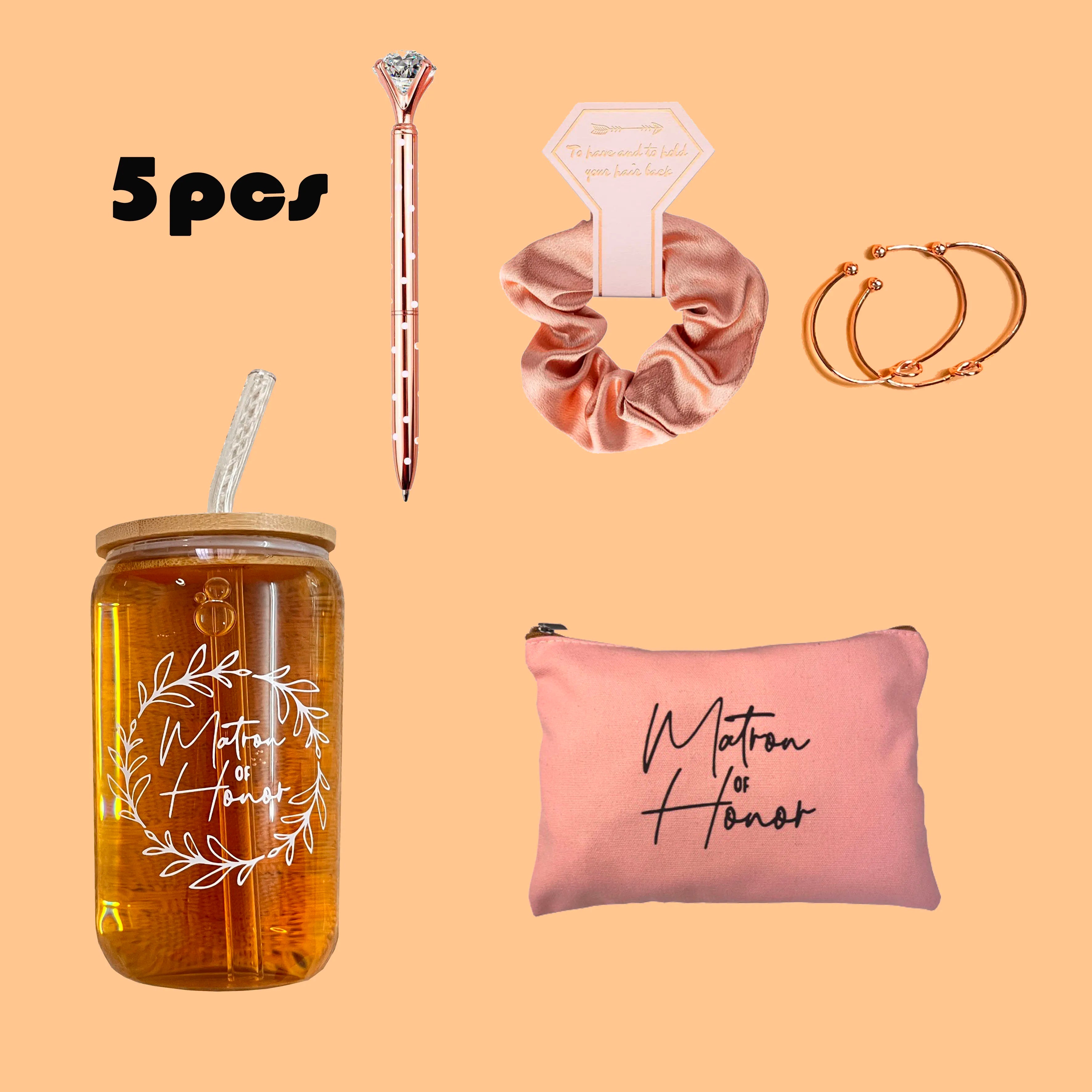 Coffret Cadeau Demoiselle d'Honneur 5 Pièces - Verre Trousse Bracelet Chouchou Stylo