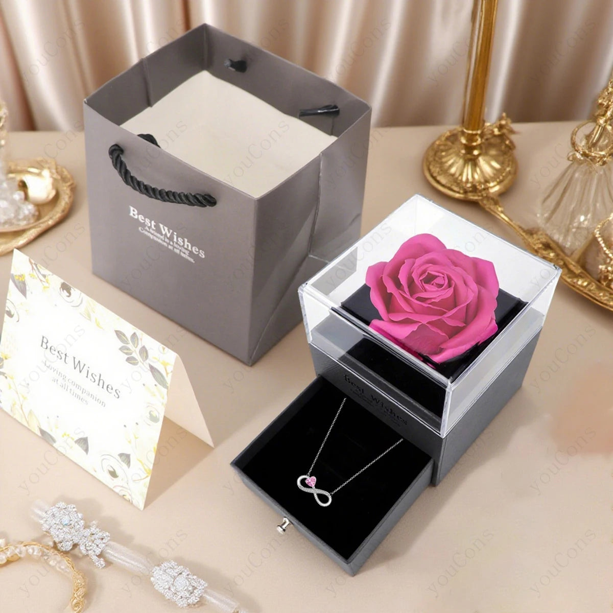 Collier Cœur Rose Luxe avec Boîte de Roses - Pendentif Zircon Saint-Valentin Mariage Cadeau Femme