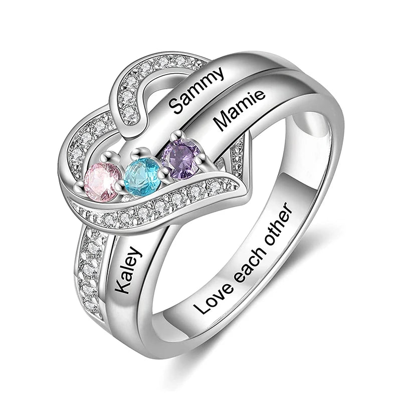 Bague Cœur Personnalisée Pierres de Naissance - Gravure Prénom Zircone Cubique | 1-8 Pierres