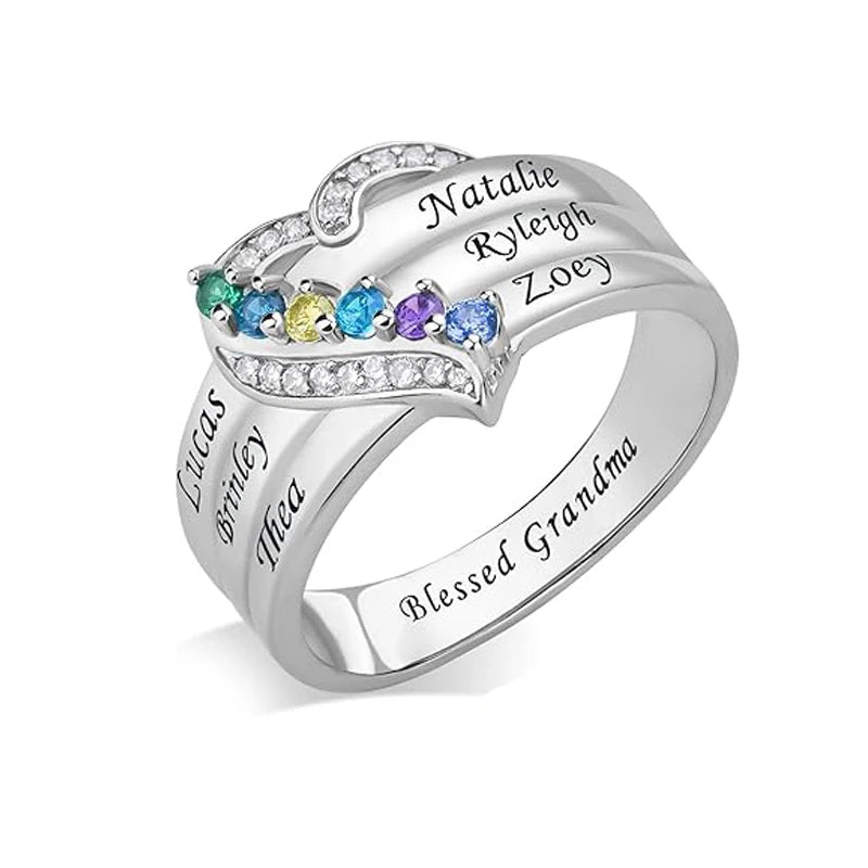 Bague Cœur Personnalisée Pierres de Naissance - Gravure Prénom Zircone Cubique | 1-8 Pierres