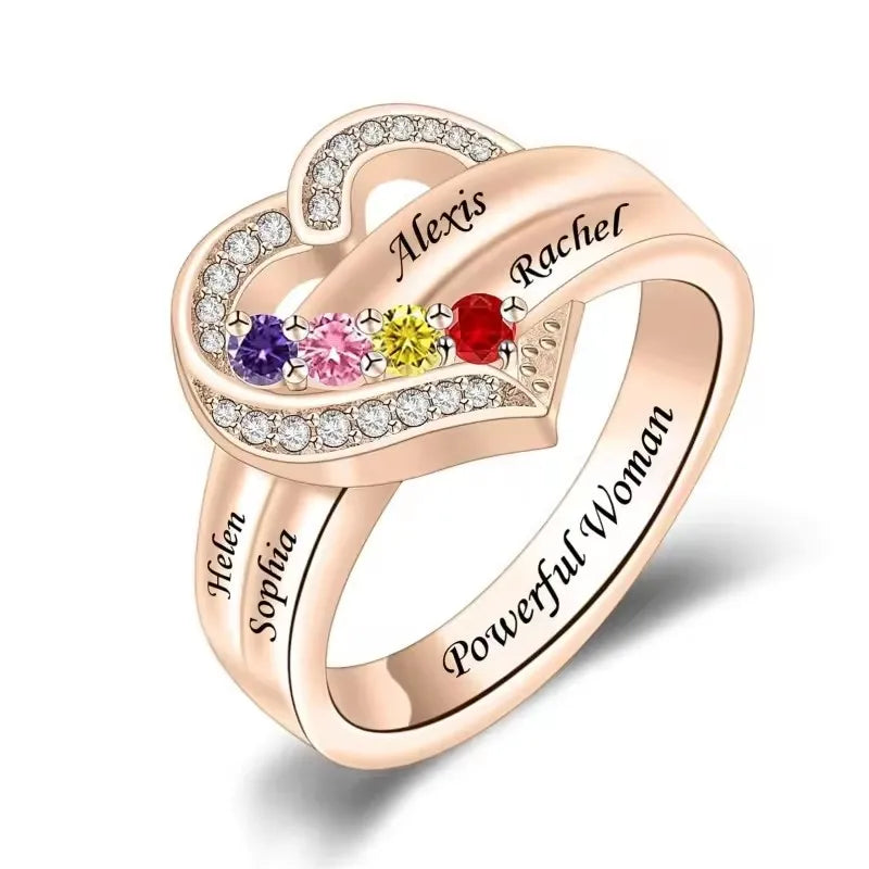Bague Cœur Personnalisée Pierres de Naissance - Gravure Prénom Zircone Cubique | 1-8 Pierres