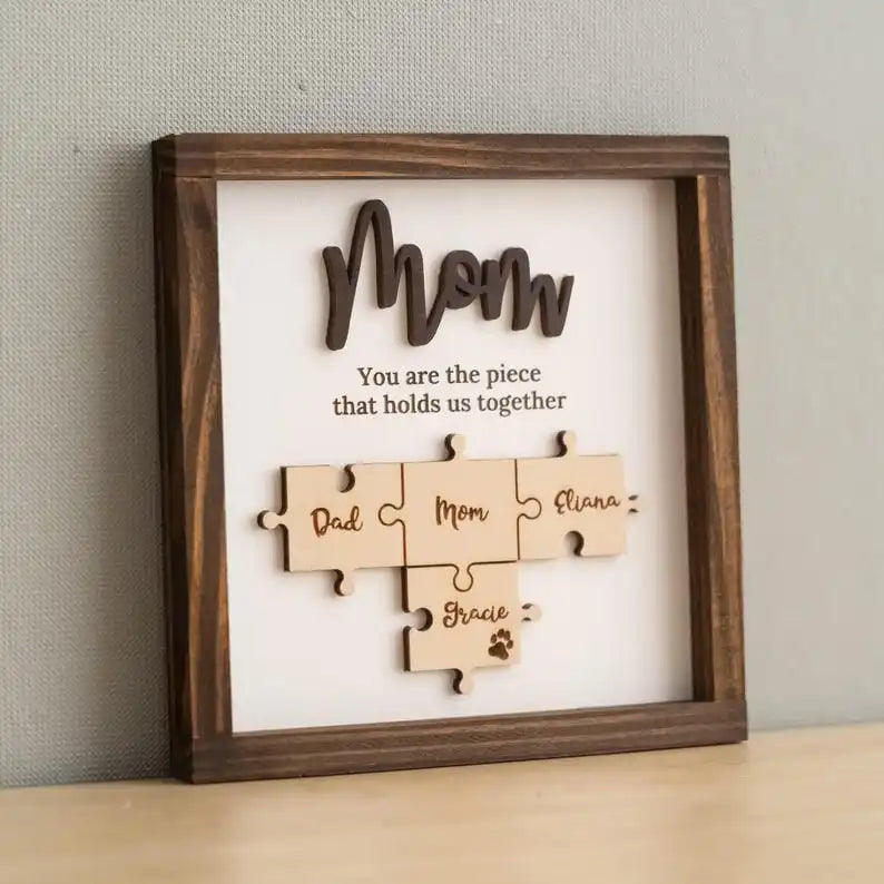 Plaque Puzzle Bois Personnalisée Fête des Mères - Prénoms Famille Gravés - Cadeau Maman Anniversaire