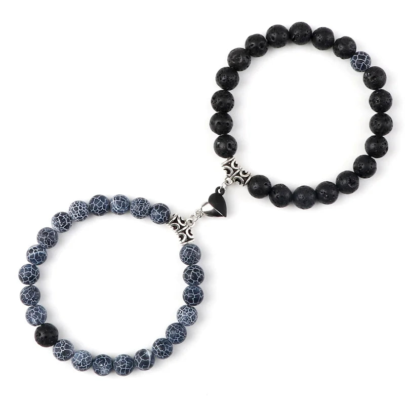 Bracelet Couple Yin Yang Magnétique 2pcs - Pierres Naturelles 8mm Cœur Aimant Bijou Amitié Saint-Valentin