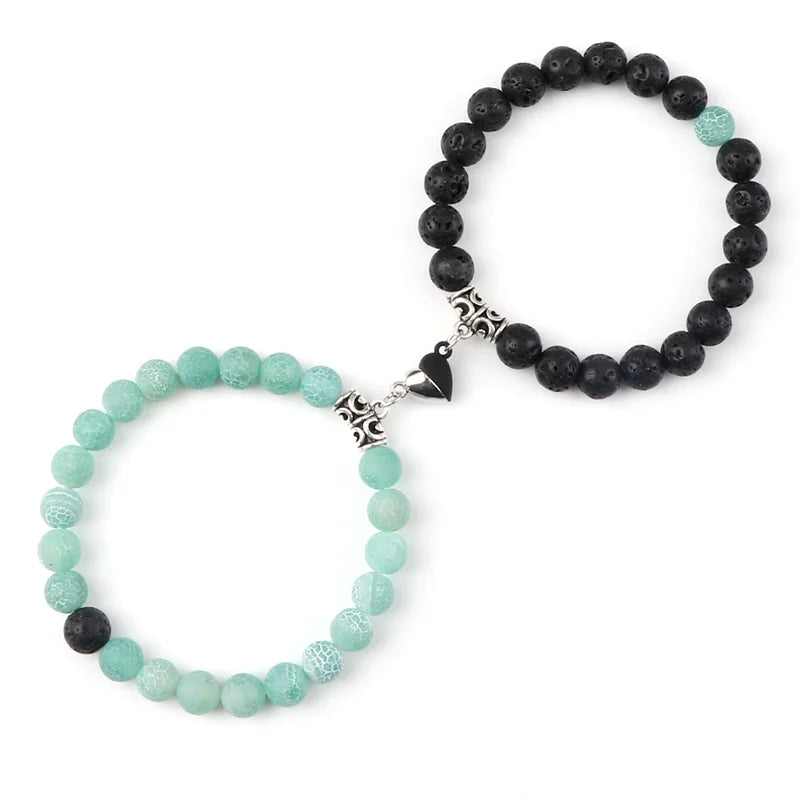 Bracelet Couple Yin Yang Magnétique 2pcs - Pierres Naturelles 8mm Cœur Aimant Bijou Amitié Saint-Valentin