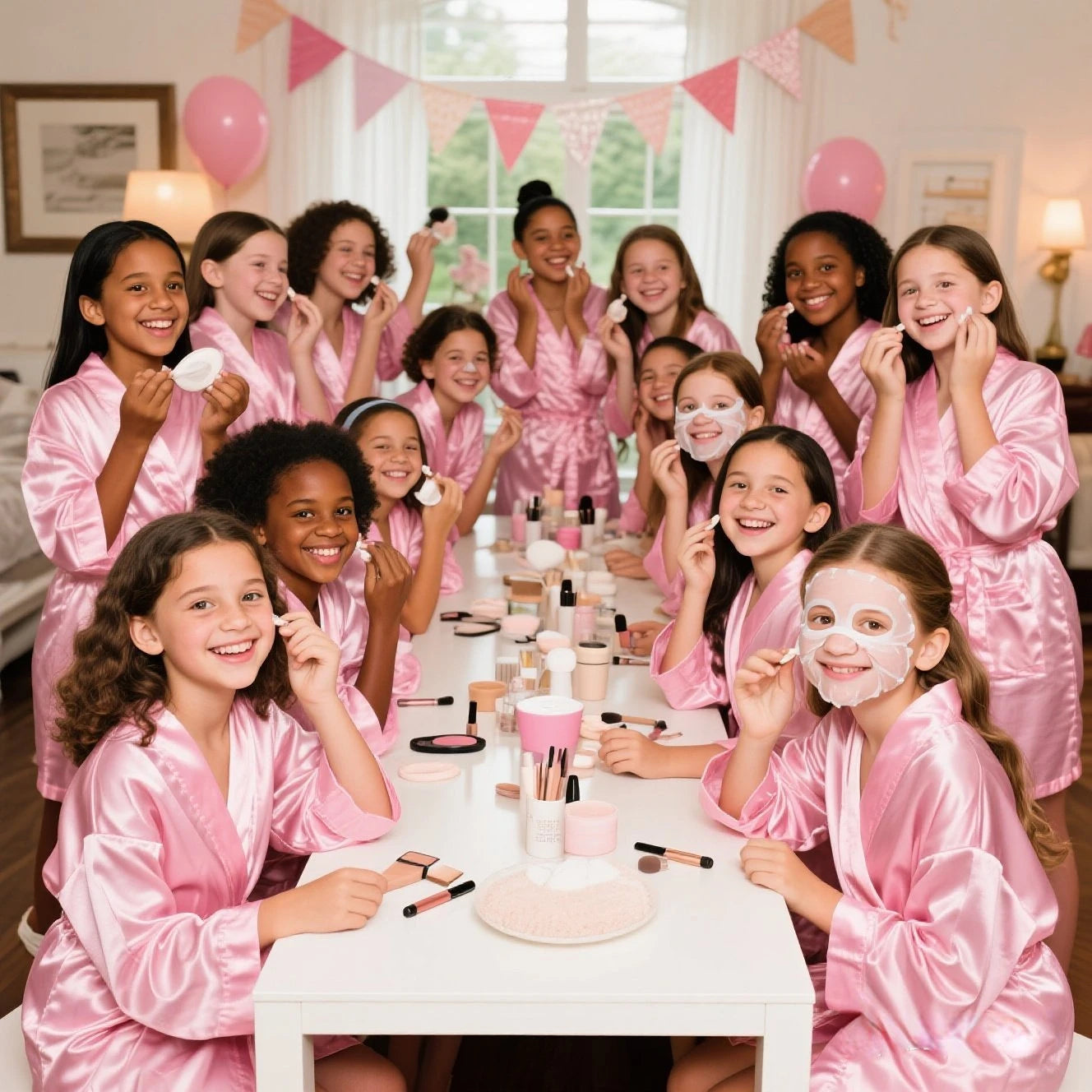 Set Spa Party Filles 6 Pièces - Peignoirs Satin Chaussons Sac Cadeau