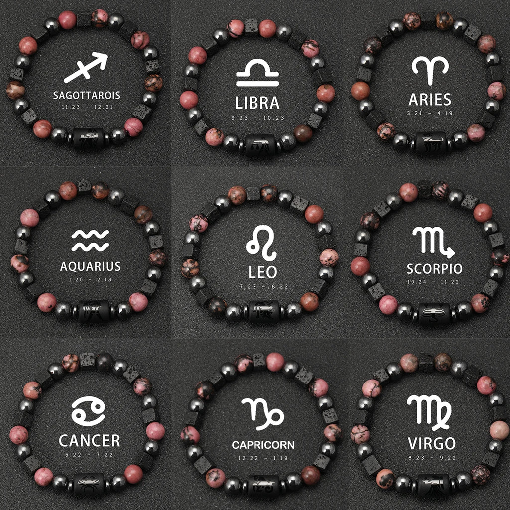 Bracelet Signe Astrologique Pierres Naturelles - 12 Signes Zodiaque Verseau Cancer Vierge Poissons Bijou Unisexe