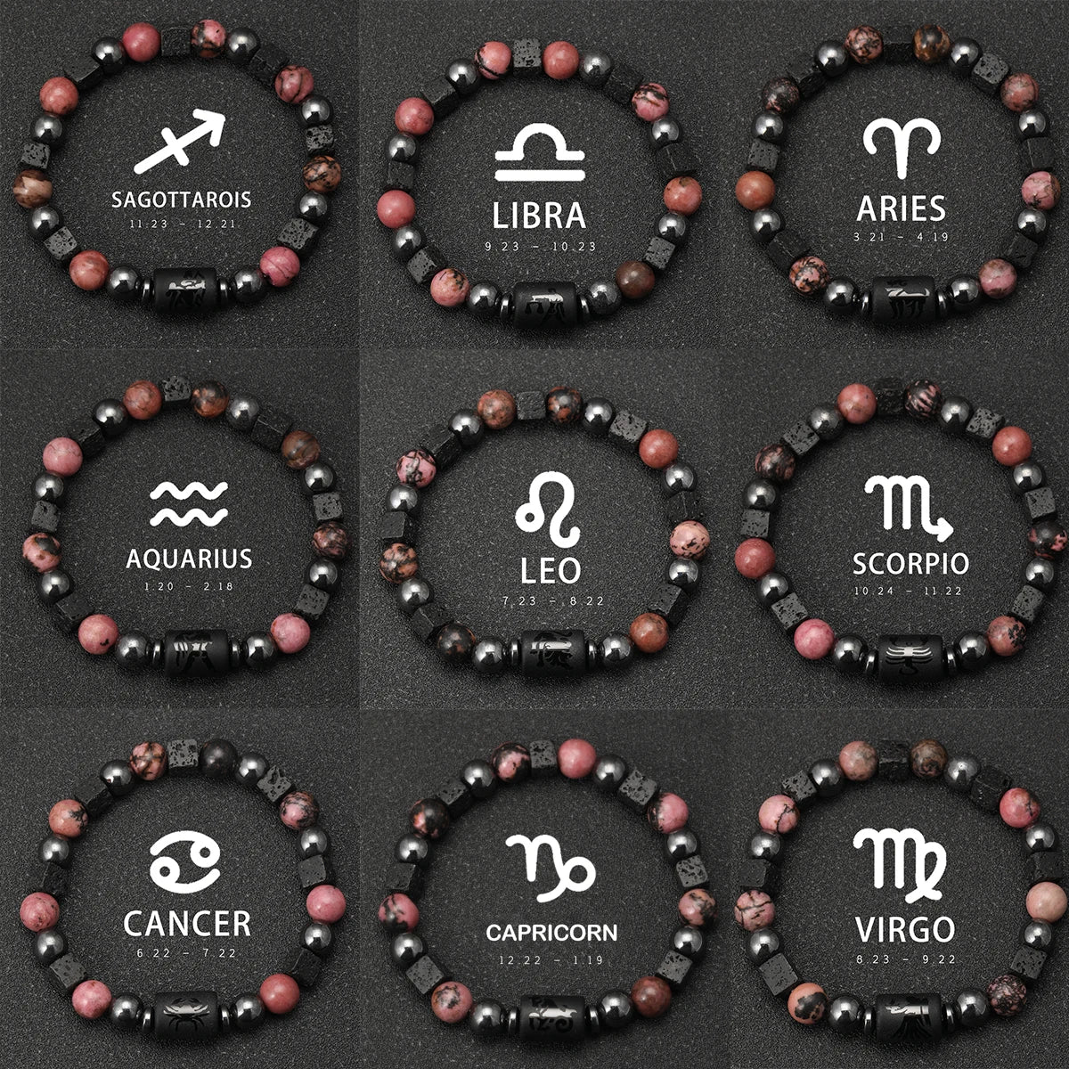 Bracelet Signe Astrologique Pierres Naturelles - 12 Signes Zodiaque Verseau Cancer Vierge Poissons Bijou Unisexe