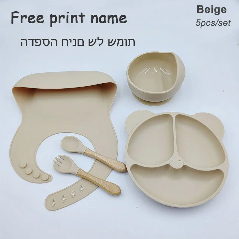 Set Vaisselle Silicone Bébé Personnalisé 8 Pièces - Assiette Bol Tasse Bavoir Prénom