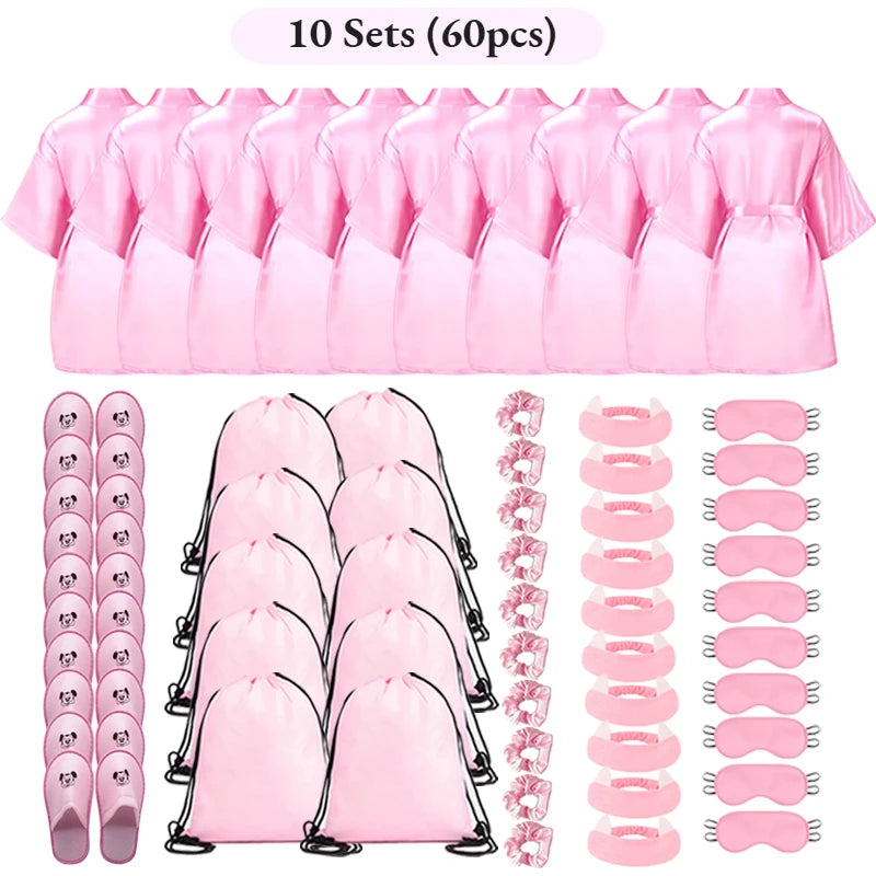 Set Spa Party Filles 6 Pièces - Peignoirs Satin Chaussons Sac Cadeau