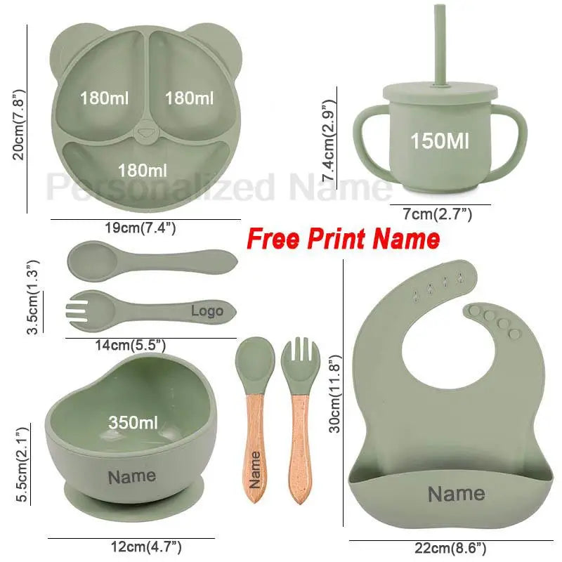 Set Vaisselle Silicone Bébé Personnalisé 8 Pièces - Assiette Bol Tasse Bavoir Prénom