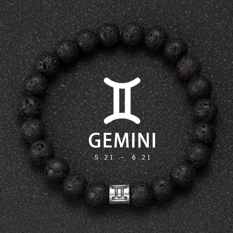 Bracelet Signe Astrologique Pierre Volcanique Naturelle - 12 Signes Zodiaque Bélier Vierge Capricorne Taureau Unisexe