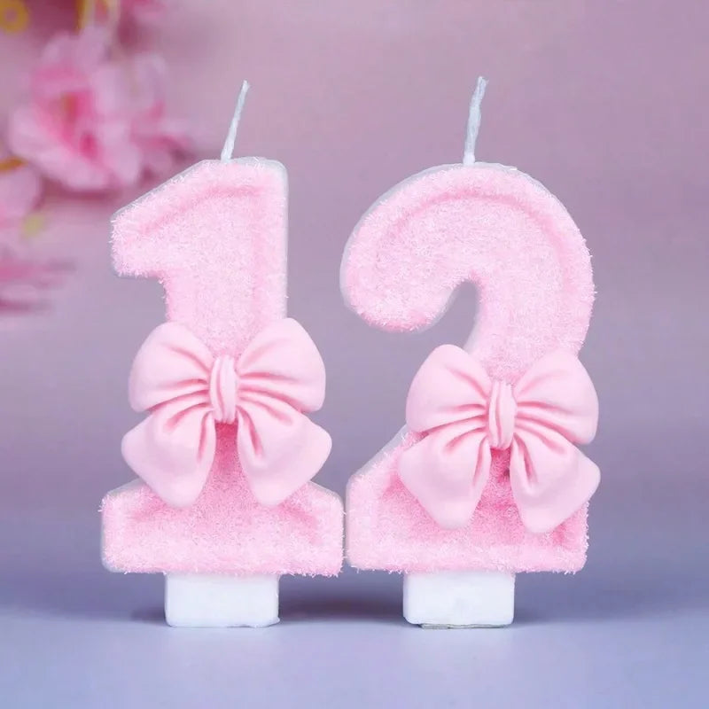 Bougies Gâteau Chiffre 0-9 Nœud Rose - Décoration Anniversaire Fille Thème Coquette