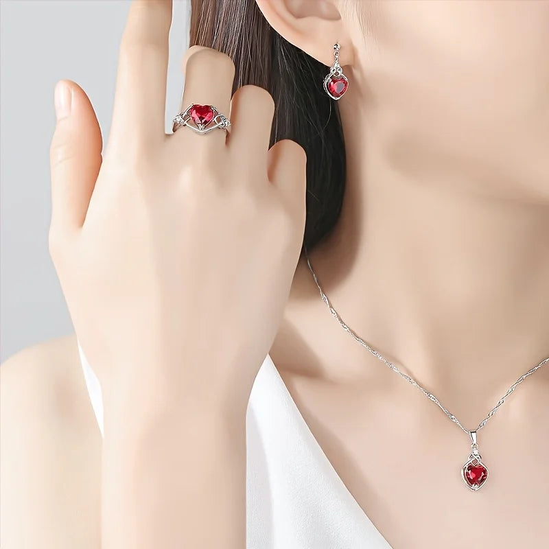 Coffret Cadeau Bijoux Cœur 4 Pièces avec Rose - Parure Complète Saint-Valentin