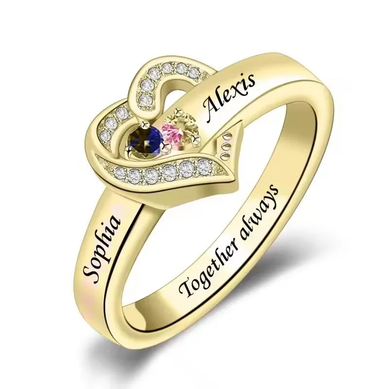 Bague Cœur Personnalisée Pierres de Naissance - Gravure Prénom Zircone Cubique | 1-8 Pierres
