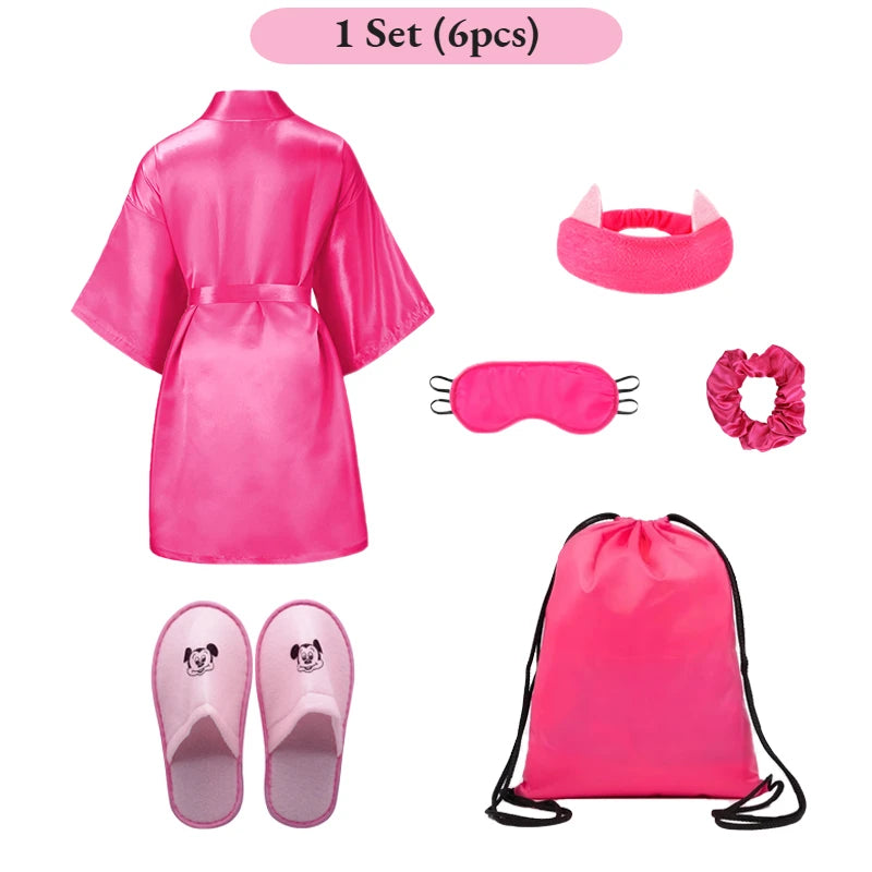 Set Spa Party Filles 6 Pièces - Peignoirs Satin Chaussons Sac Cadeau