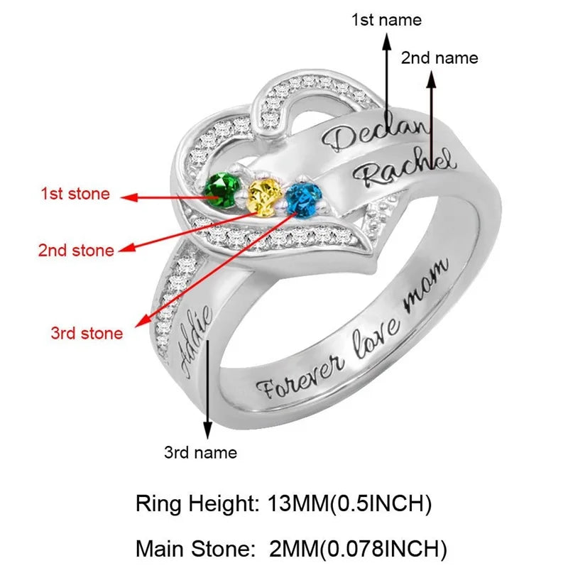 Bague Cœur Personnalisée Pierres de Naissance - Gravure Prénom Zircone Cubique | 1-8 Pierres